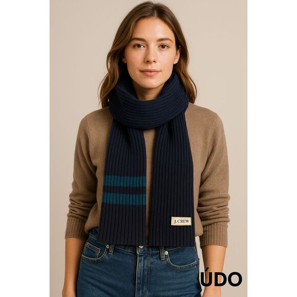 J.Crew  Ribbed Knit Long Scarf Unisex Luxury Wool Blend Navy Blue Stripe 86" - Picture 4 of 13